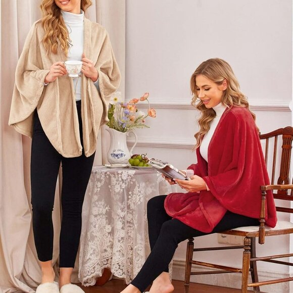 Flannel Faux Poncho for Women Lightweigh Blanket Warm TV Shawl Winter Coat Sweat - Picture 8 of 9